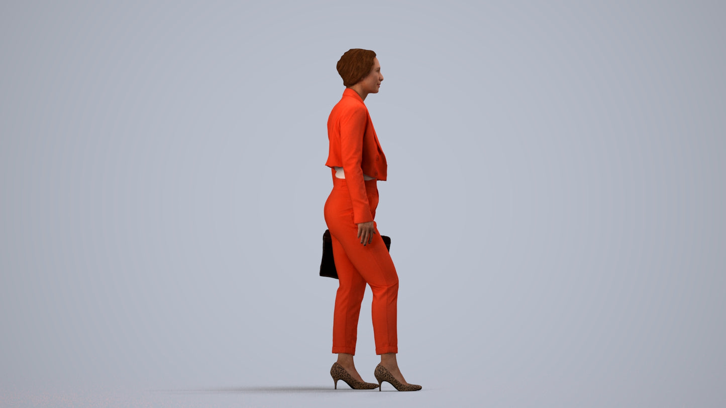 3D human model woman business, photogrammetry scanned person for archviz, side view render