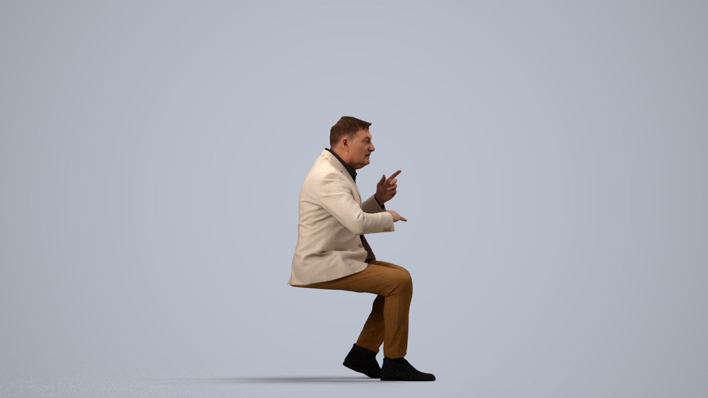 3D human model man business, photogrammetry scanned person for archviz, side view render