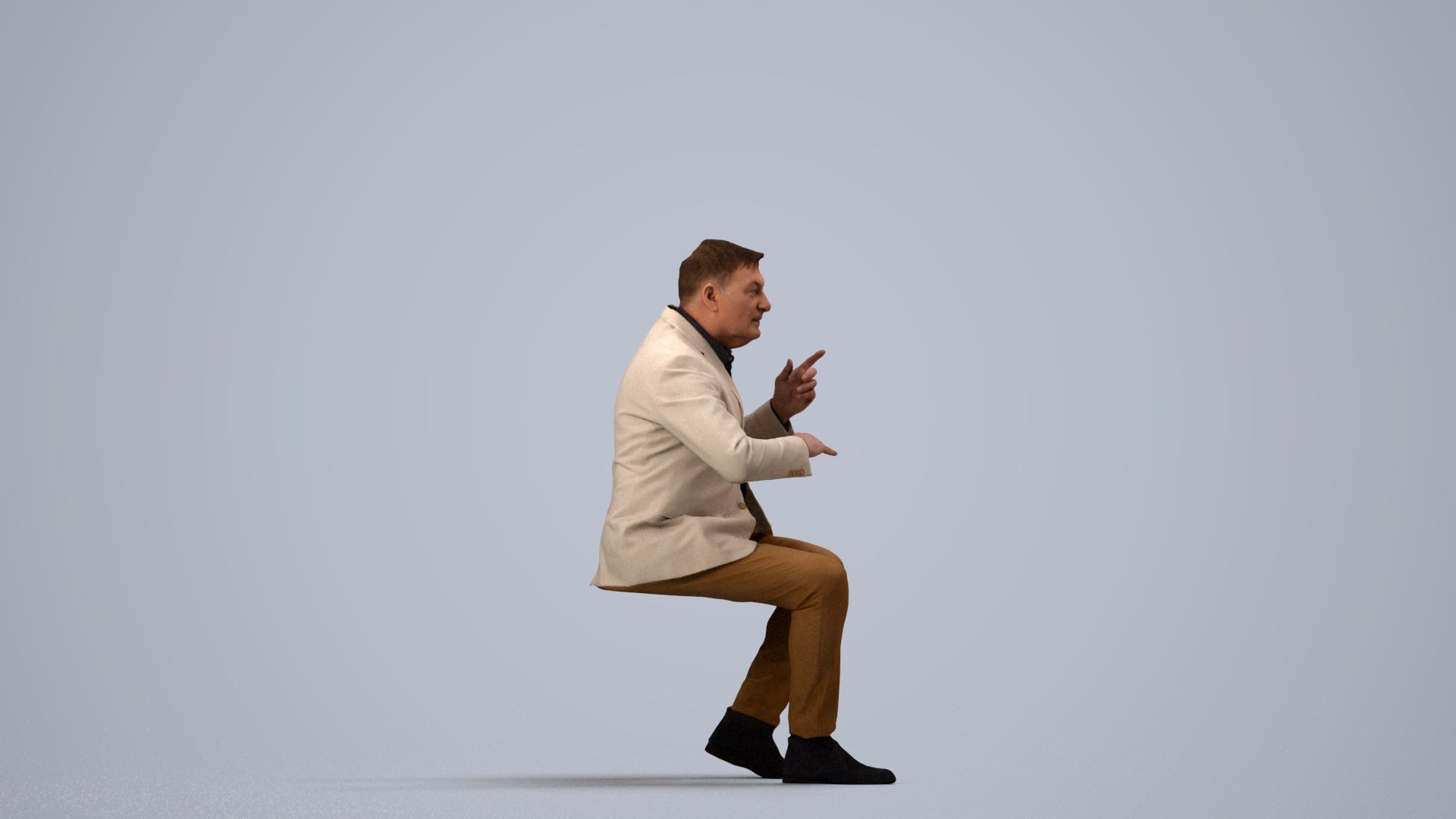 3D human model man business, photogrammetry scanned person for archviz, side view render