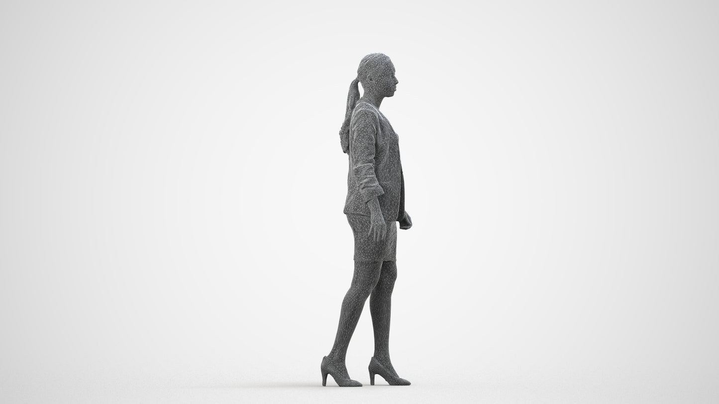 photogrammetry 3D woman business walking, realistic human model archviz FBX, wireframe side view