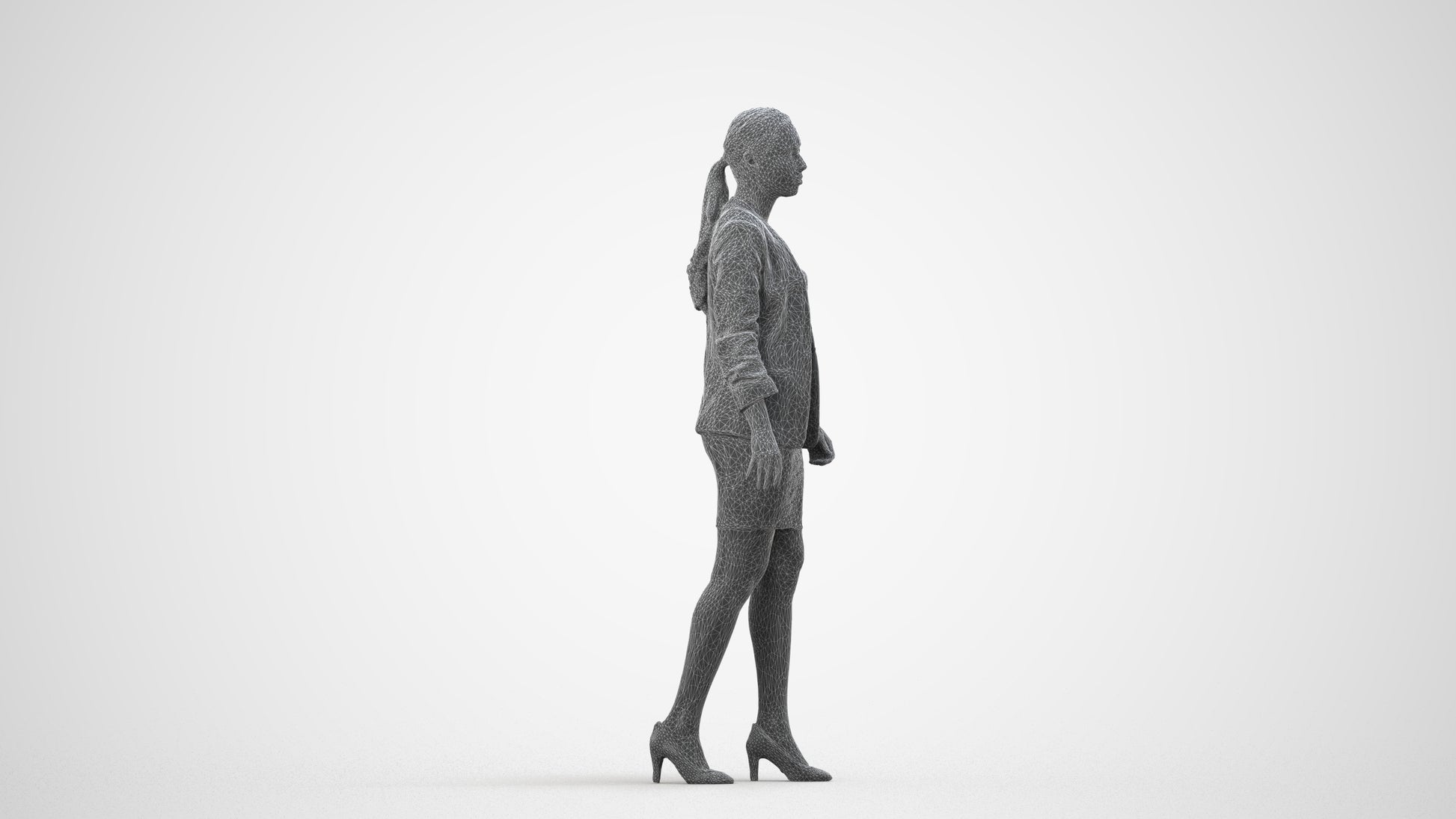 photogrammetry 3D woman business walking, realistic human model archviz FBX, wireframe side view