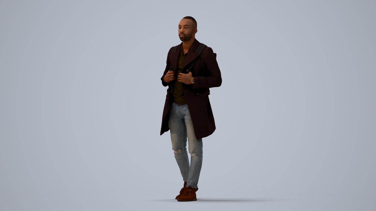 3D people model man casual walking, scanned human for 3ds Max rendering, three-quarter view render