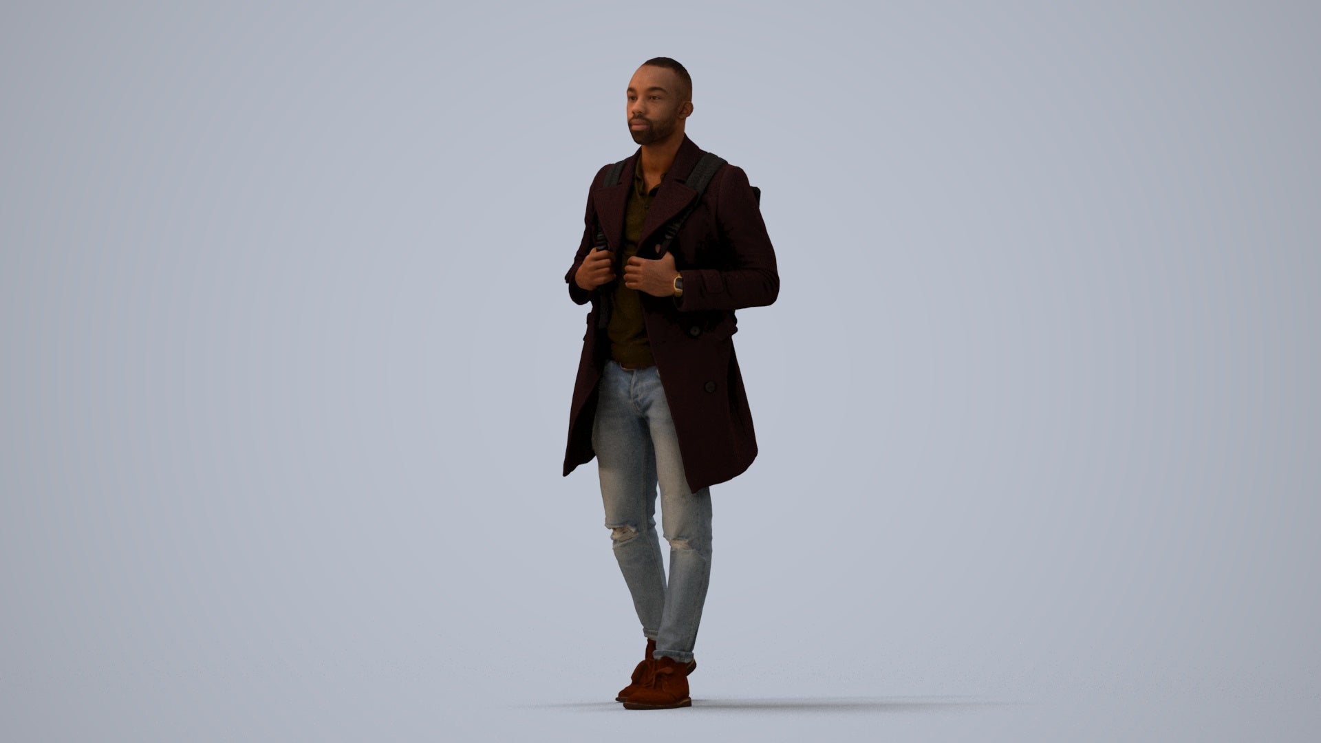 3D people model man casual walking, scanned human for 3ds Max rendering, three-quarter view render