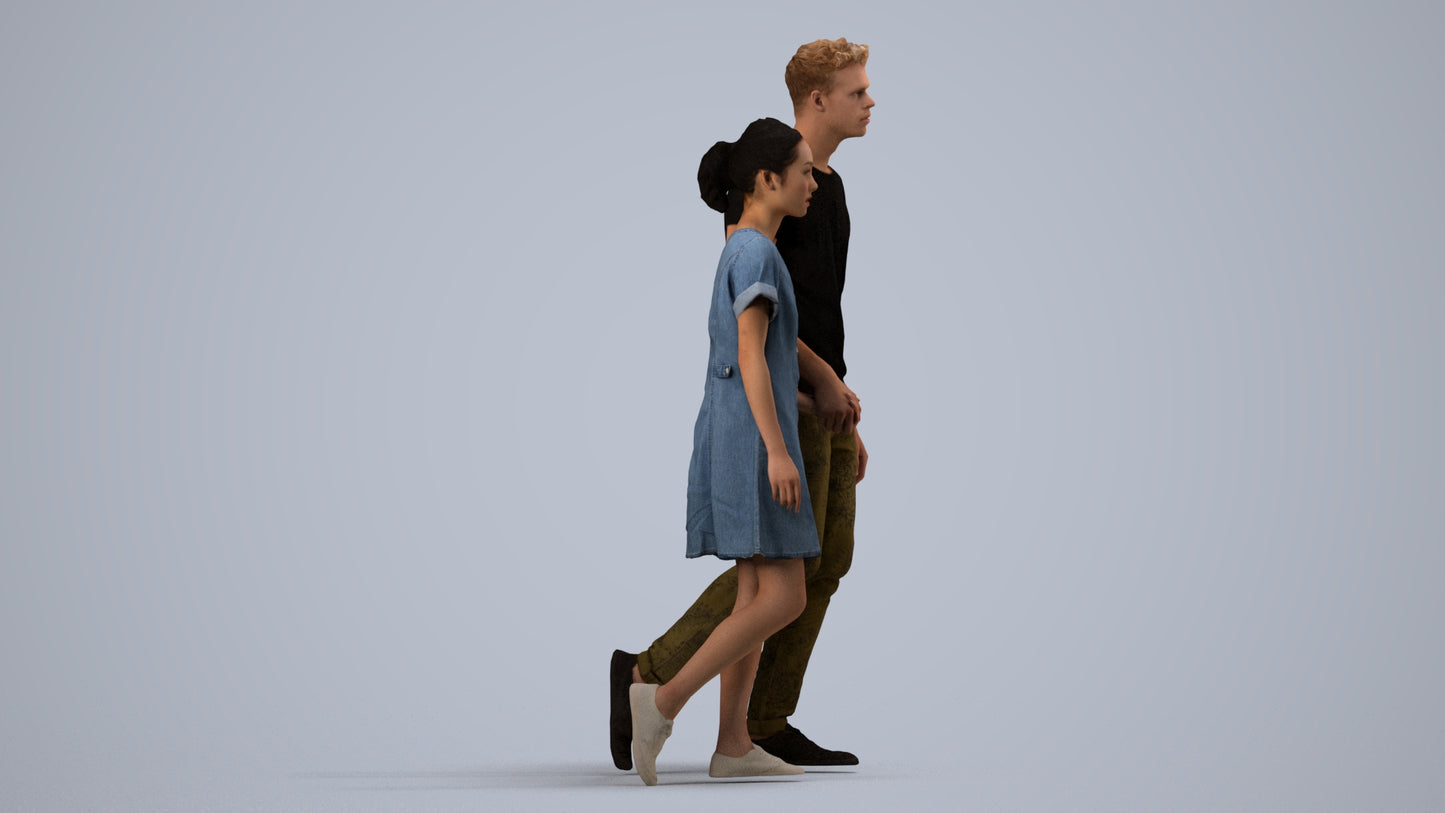 3D human model woman casual couple, photogrammetry scanned person for archviz, side view render