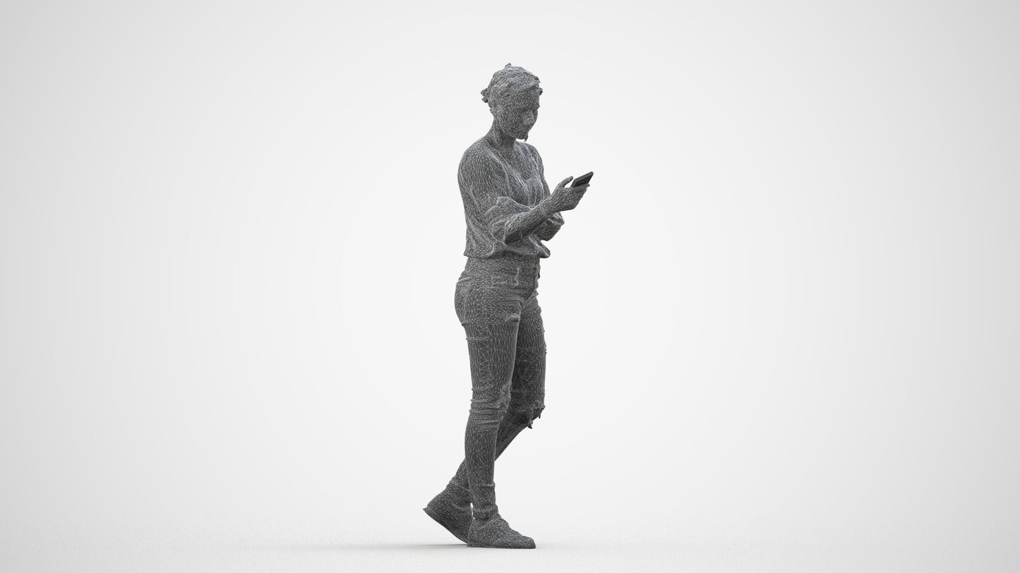 realistic 3D woman casual standing, scanned archviz people for Blender and 3ds Max, wireframe side view