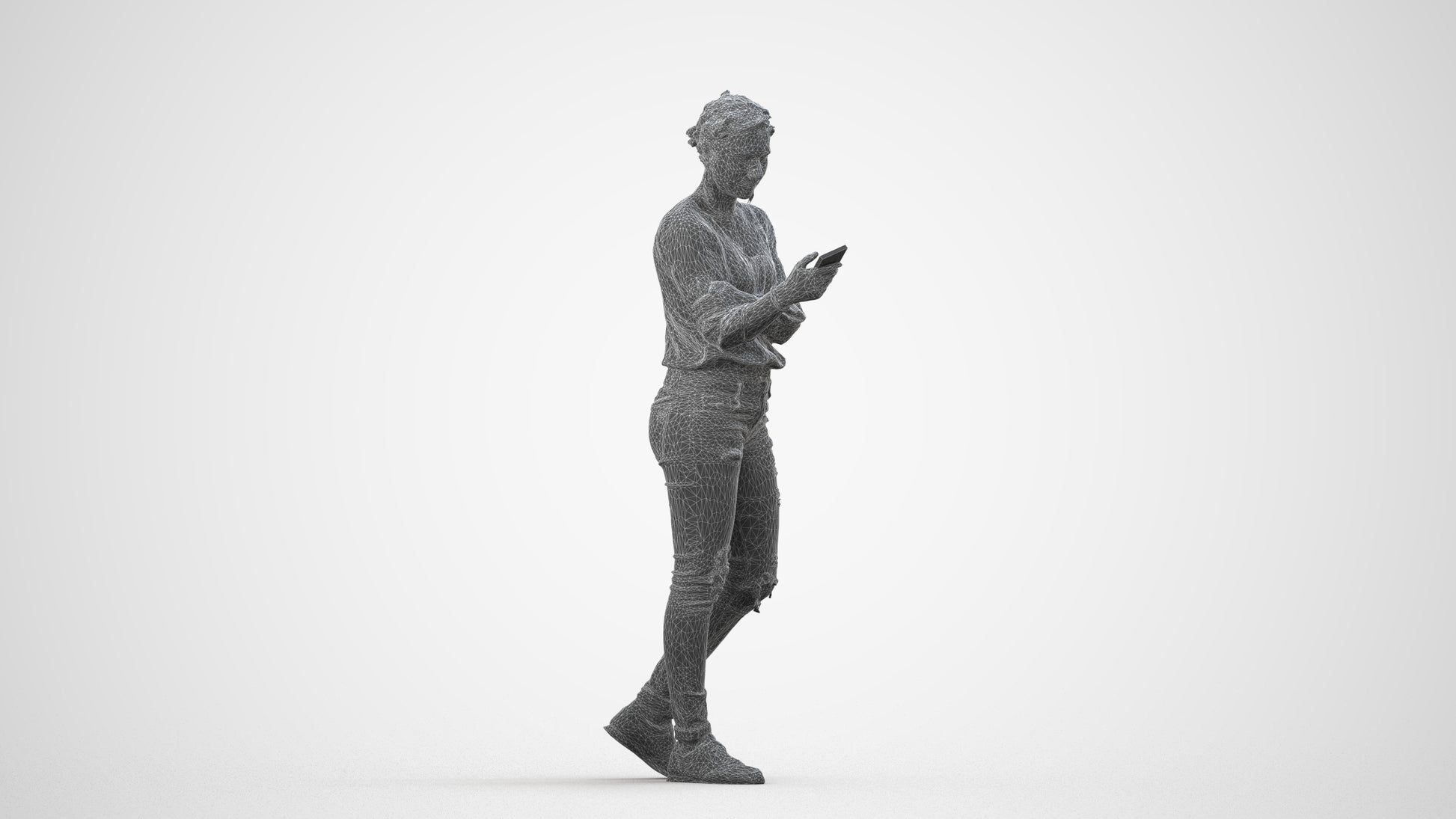 realistic 3D woman casual standing, scanned archviz people for Blender and 3ds Max, wireframe side view