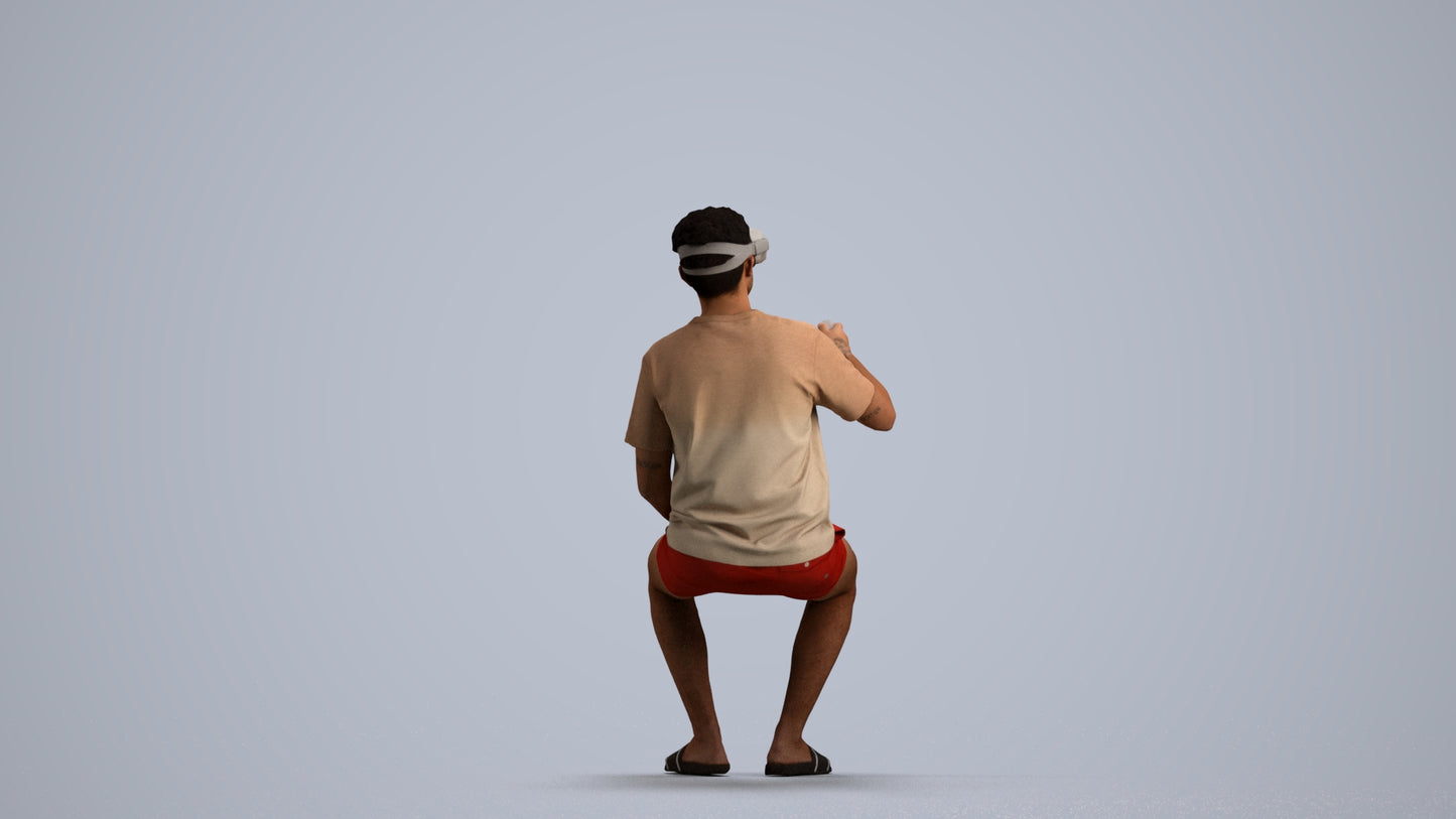 3D human model man casual sitting, photogrammetry scanned person for archviz, front view render
