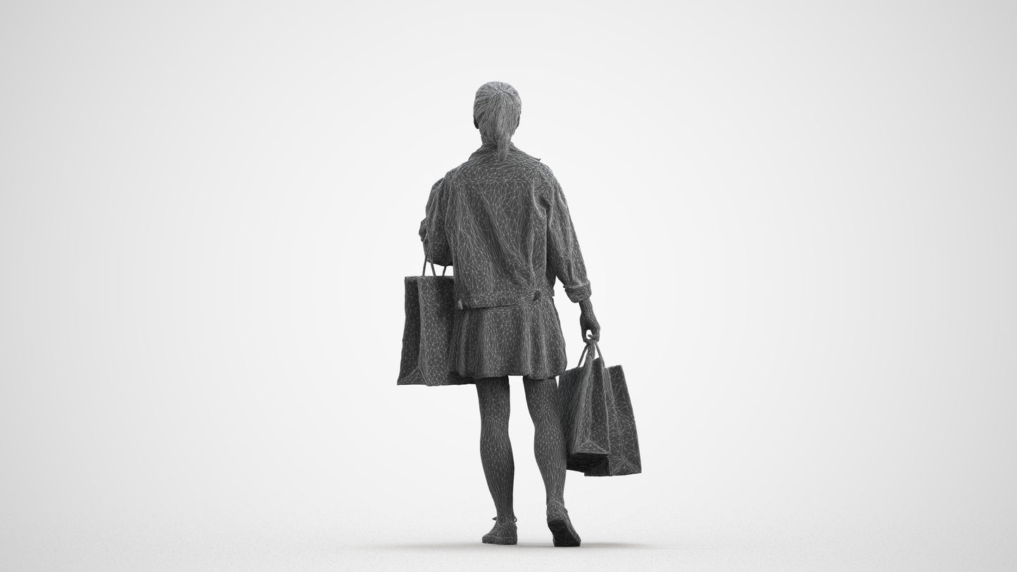 realistic 3D human woman casual walking, archviz people FBX OBJ for Blender, wireframe front view