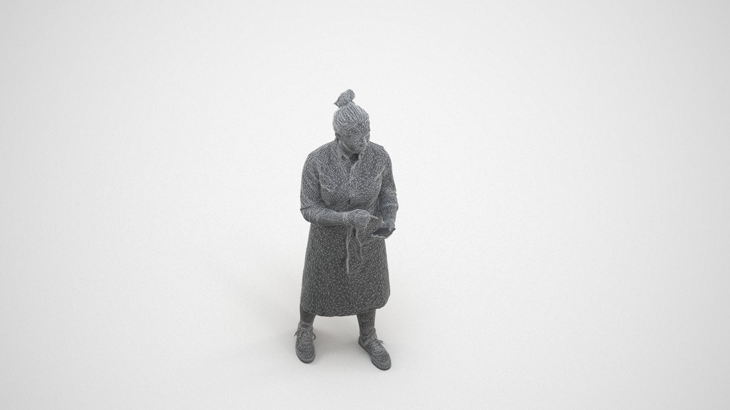 3D human model woman standing, photogrammetry scanned person for archviz, wireframe three-quarter view