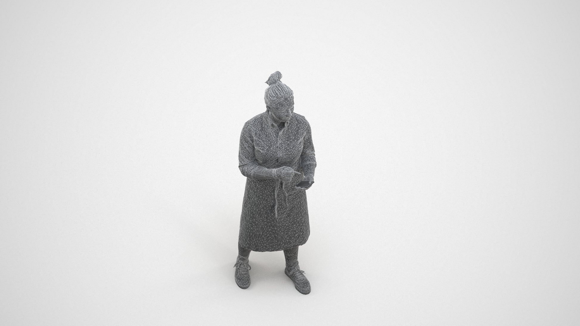 3D human model woman standing, photogrammetry scanned person for archviz, wireframe three-quarter view