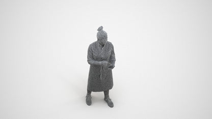 3D human model woman standing, photogrammetry scanned person for archviz, wireframe three-quarter view