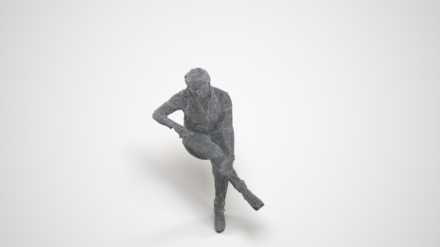 3D people model woman casual sitting, scanned human for 3ds Max rendering, wireframe three-quarter view