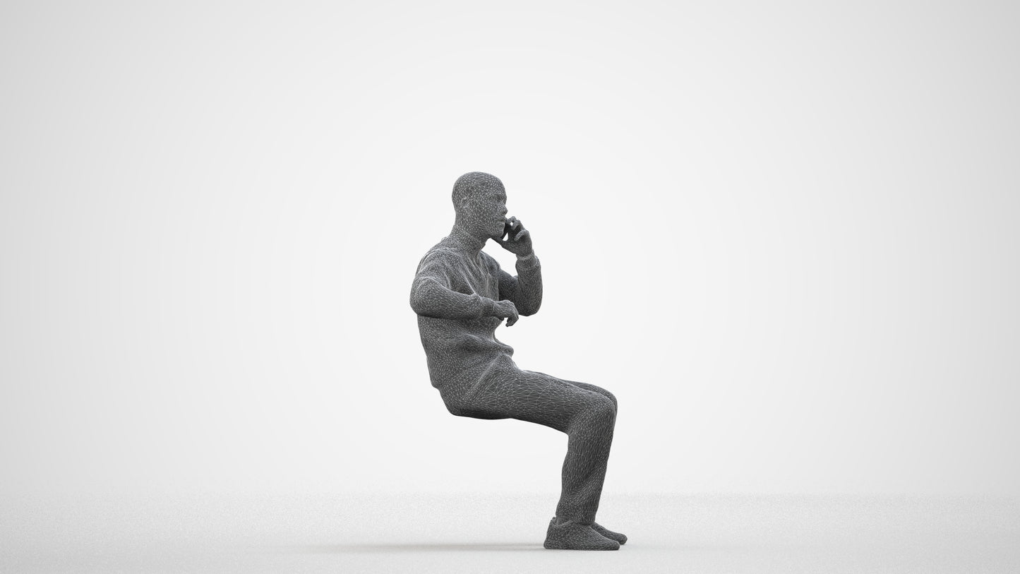 3D human model man sitting, photogrammetry scanned person for archviz, wireframe side view