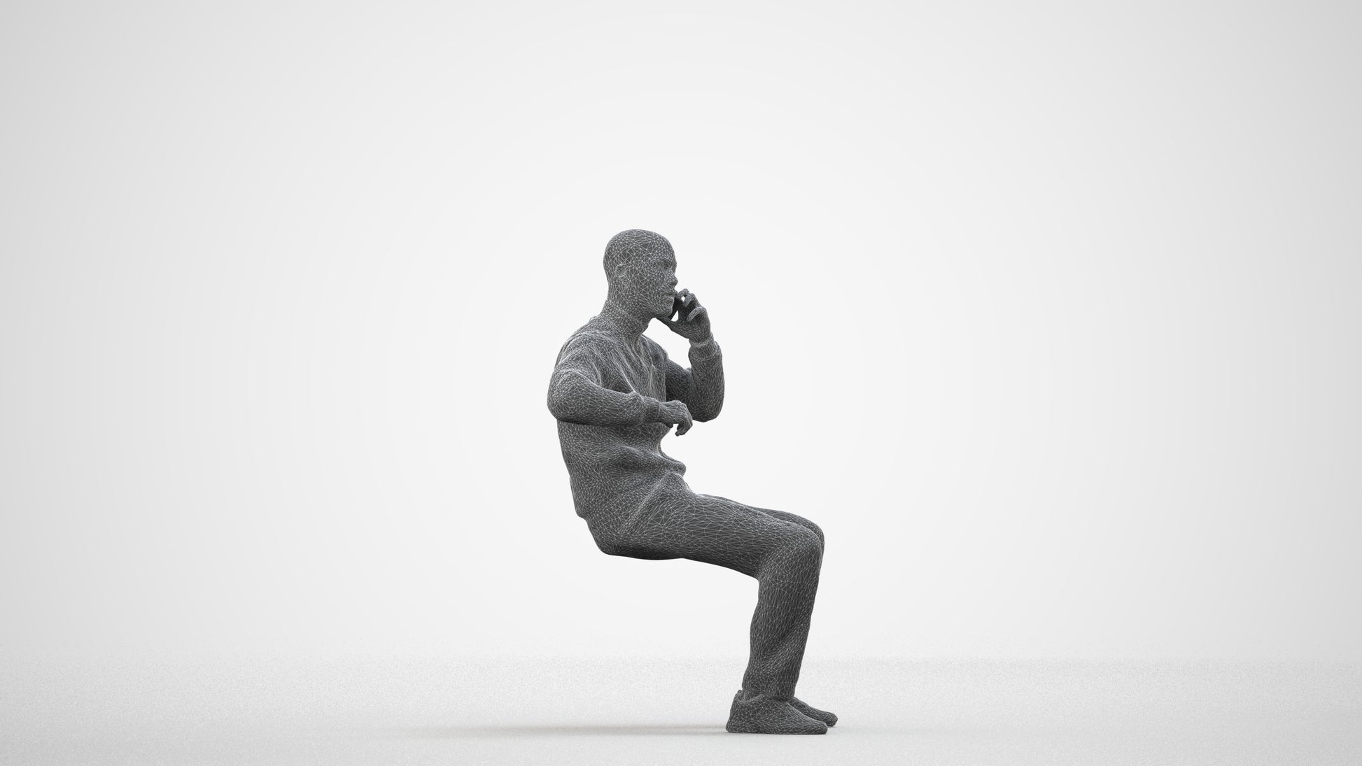 3D human model man sitting, photogrammetry scanned person for archviz, wireframe side view