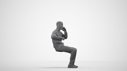 3D human model man sitting, photogrammetry scanned person for archviz, wireframe side view