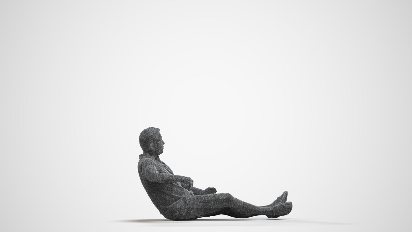 3D scanned man sitting casual, photorealistic archviz people for Enscape and SketchUp, wireframe front view