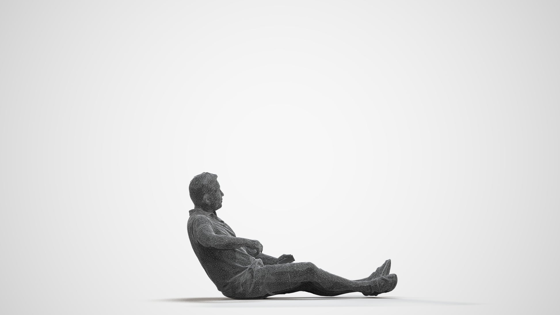3D scanned man sitting casual, photorealistic archviz people for Enscape and SketchUp, wireframe front view