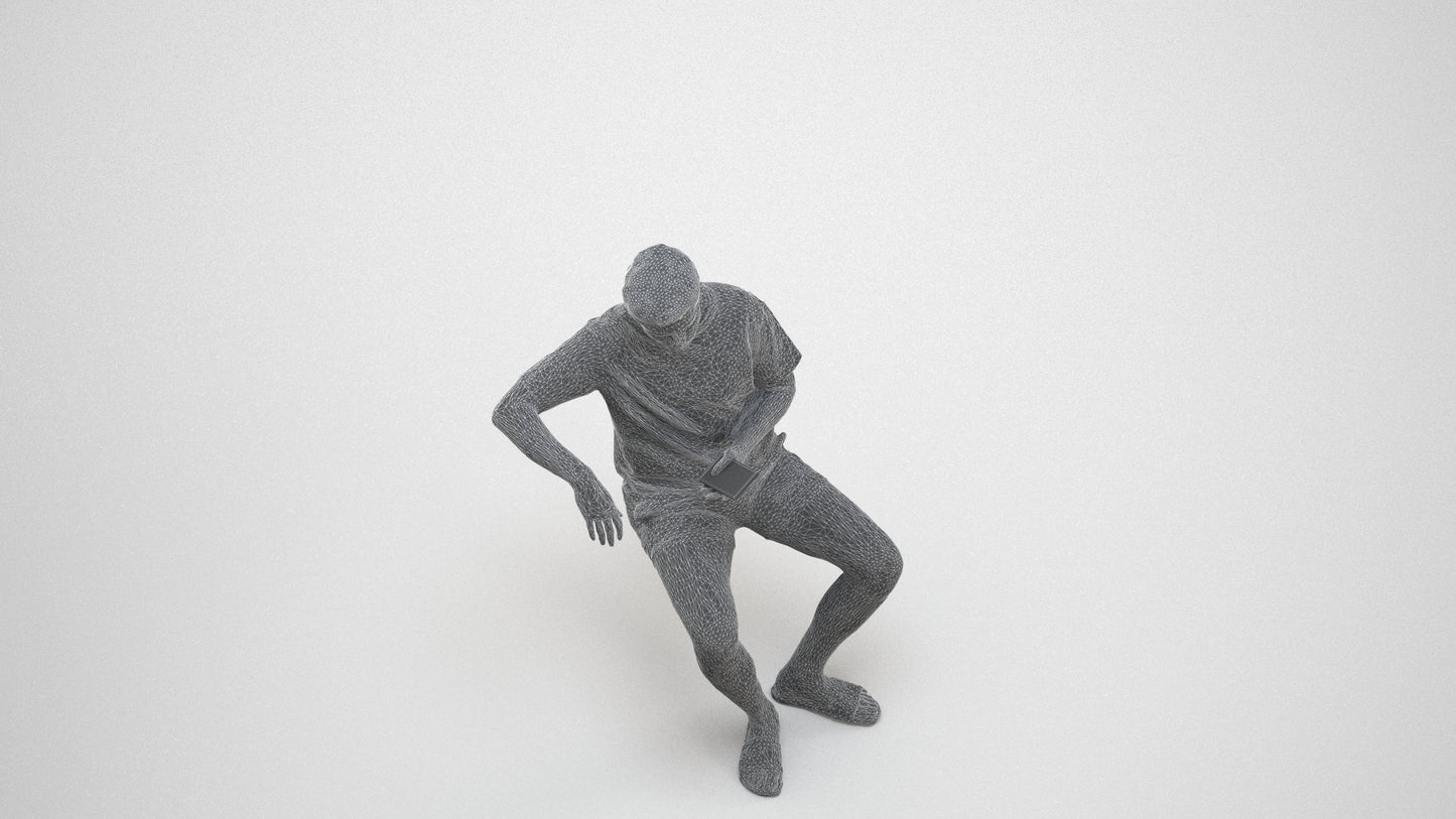 realistic 3D man casual sitting, scanned archviz people for Blender and 3ds Max, wireframe three-quarter view