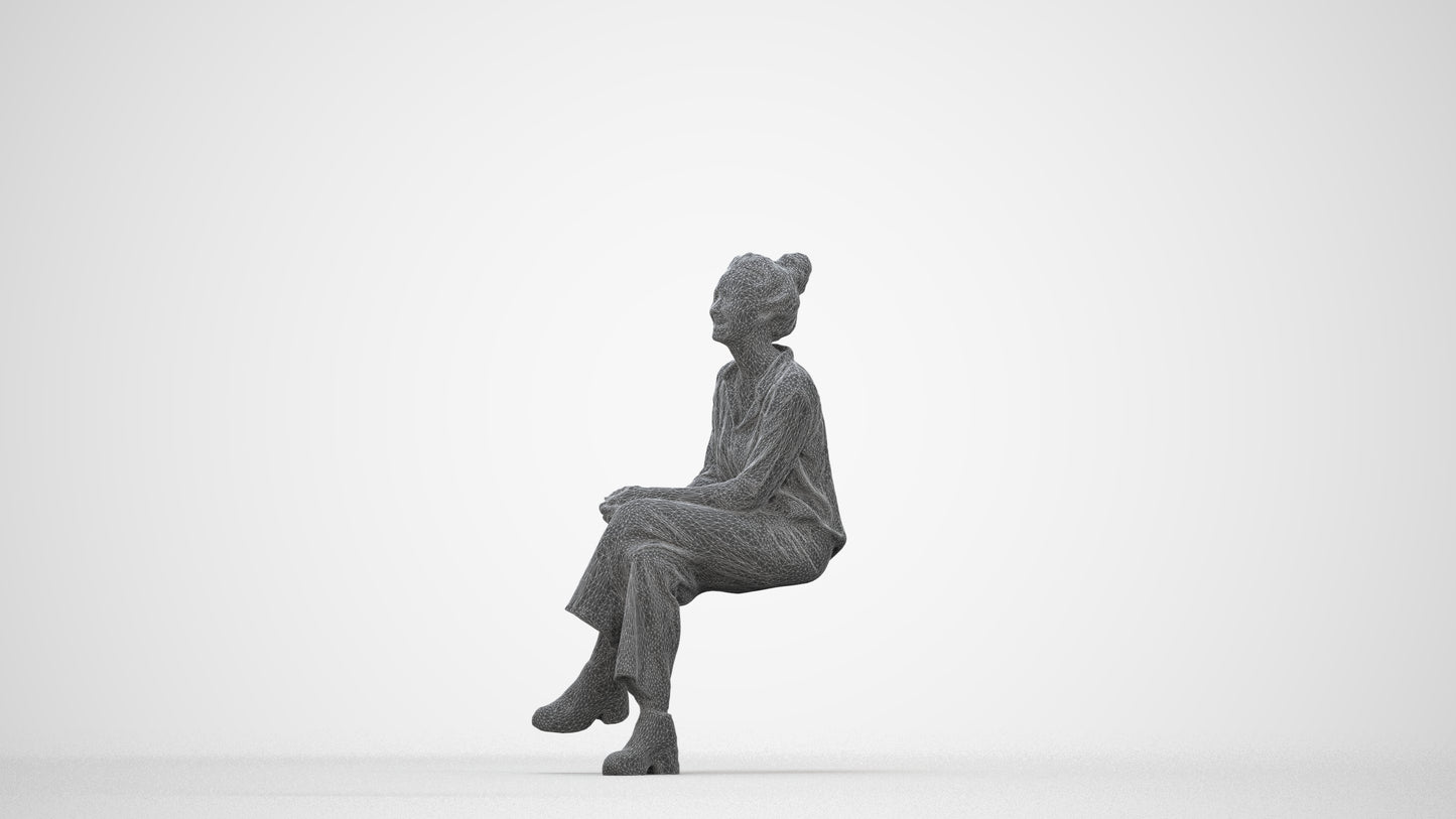photogrammetry 3D woman casual sitting, realistic human model archviz FBX, wireframe back view