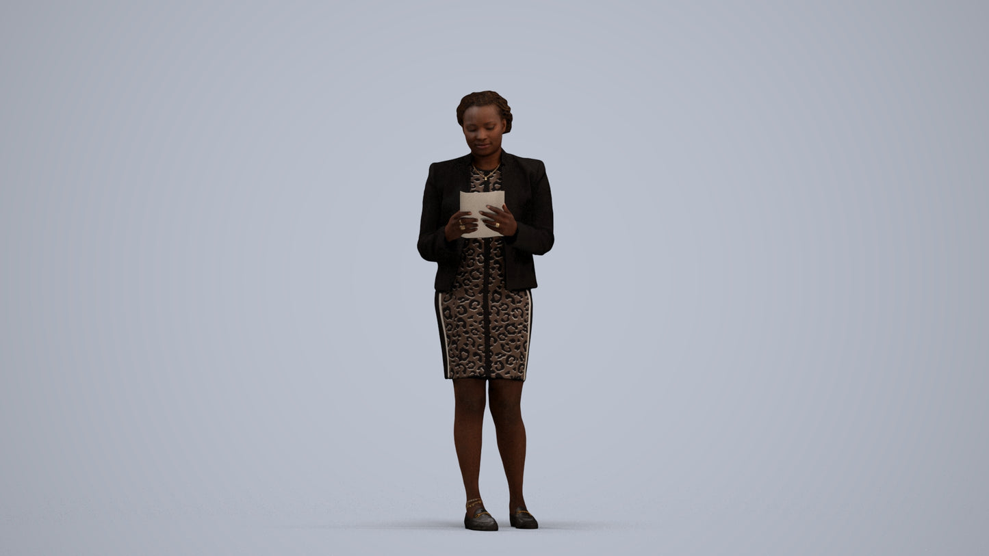 3D human model woman business standing, photogrammetry scanned person for archviz, standing pose render