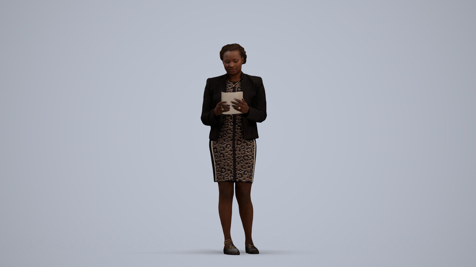 3D human model woman business standing, photogrammetry scanned person for archviz, standing pose render
