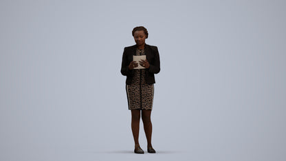 3D human model woman business standing, photogrammetry scanned person for archviz, standing pose render