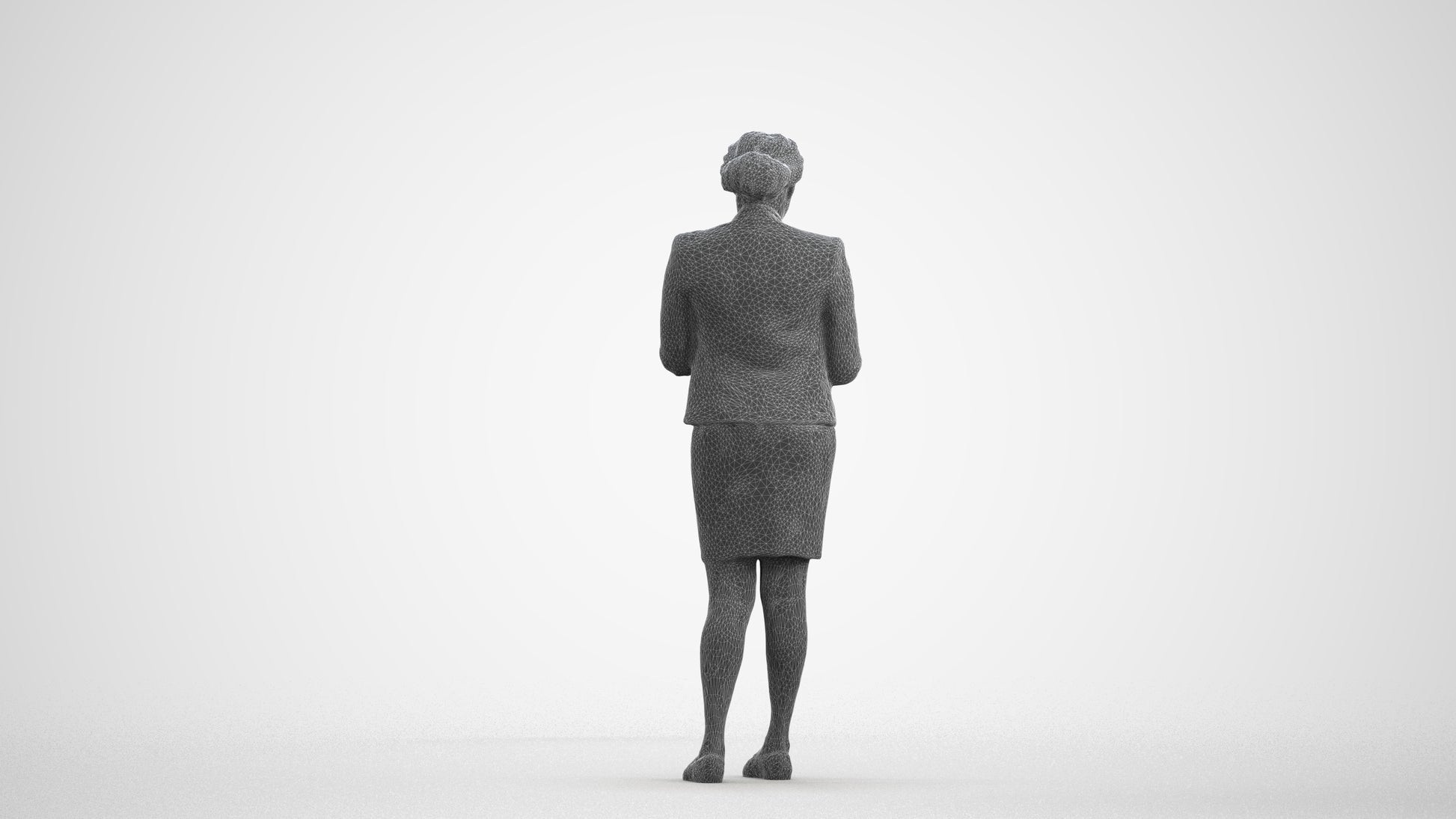 3D human model woman business standing, photogrammetry scanned person for archviz, wireframe front view