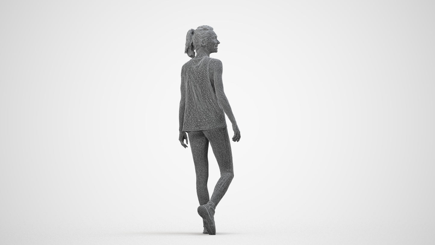 3D human model woman sport, photogrammetry scanned person for archviz, wireframe side view