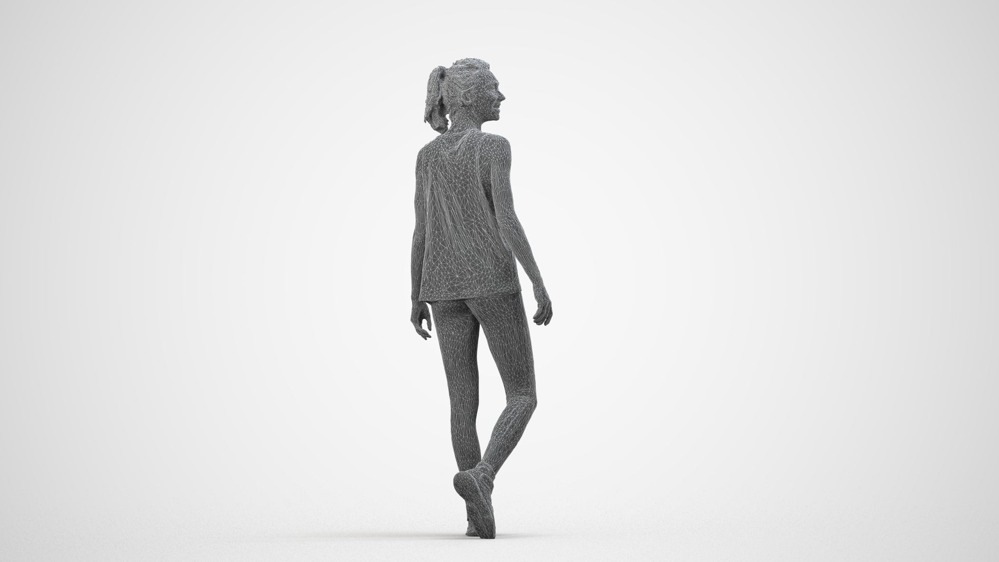 3D human model woman sport, photogrammetry scanned person for archviz, wireframe side view