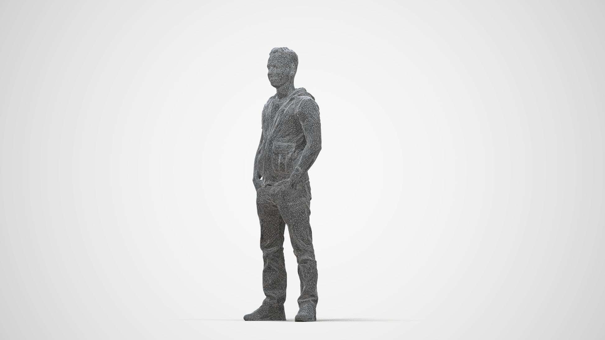 realistic 3D human man casual standing, archviz people FBX OBJ for Blender, wireframe back view