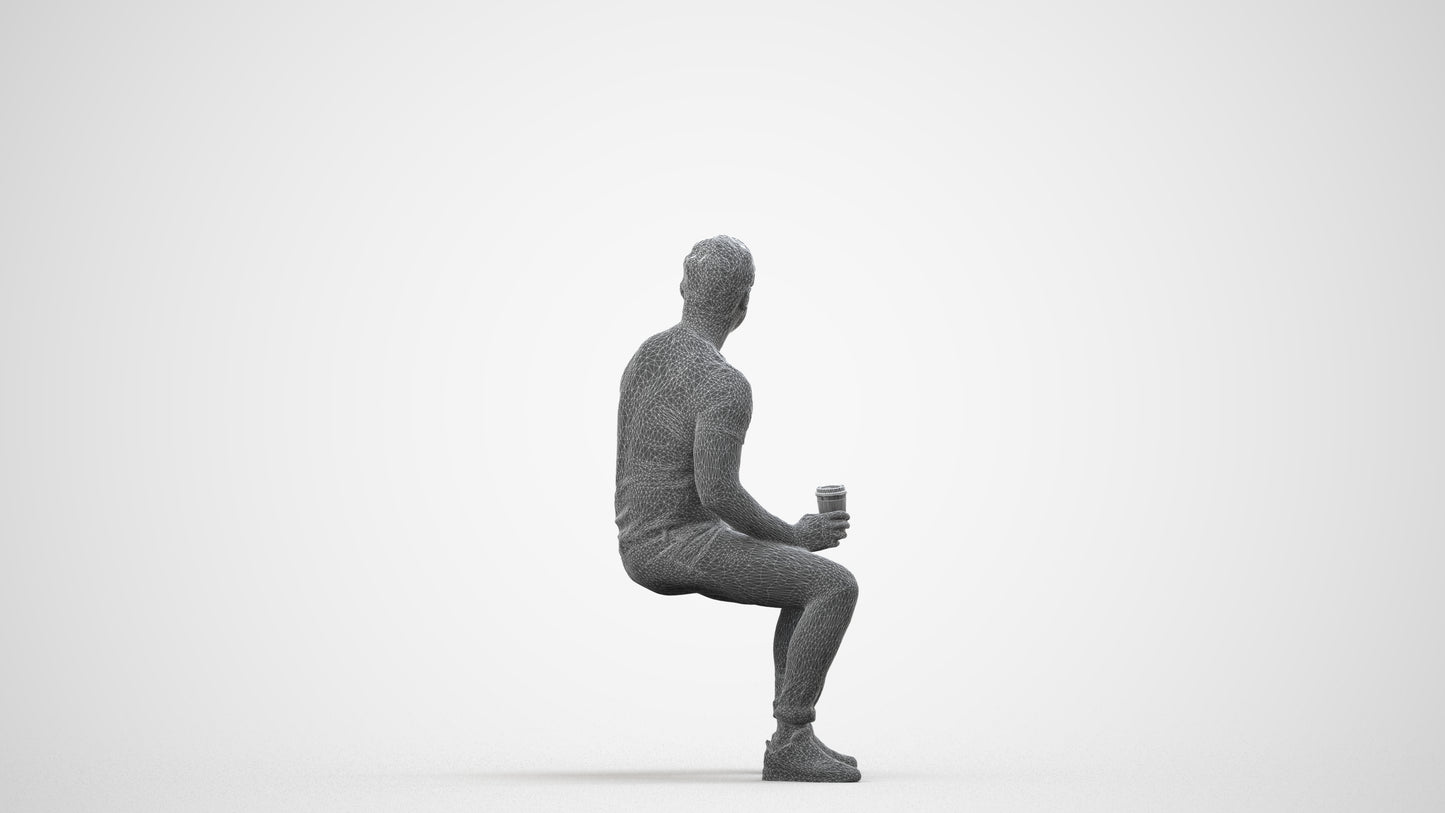 realistic 3D man casual sitting, scanned archviz people for Blender and 3ds Max, wireframe side view
