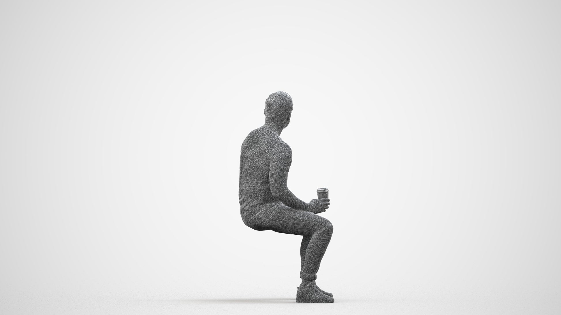 realistic 3D man casual sitting, scanned archviz people for Blender and 3ds Max, wireframe side view
