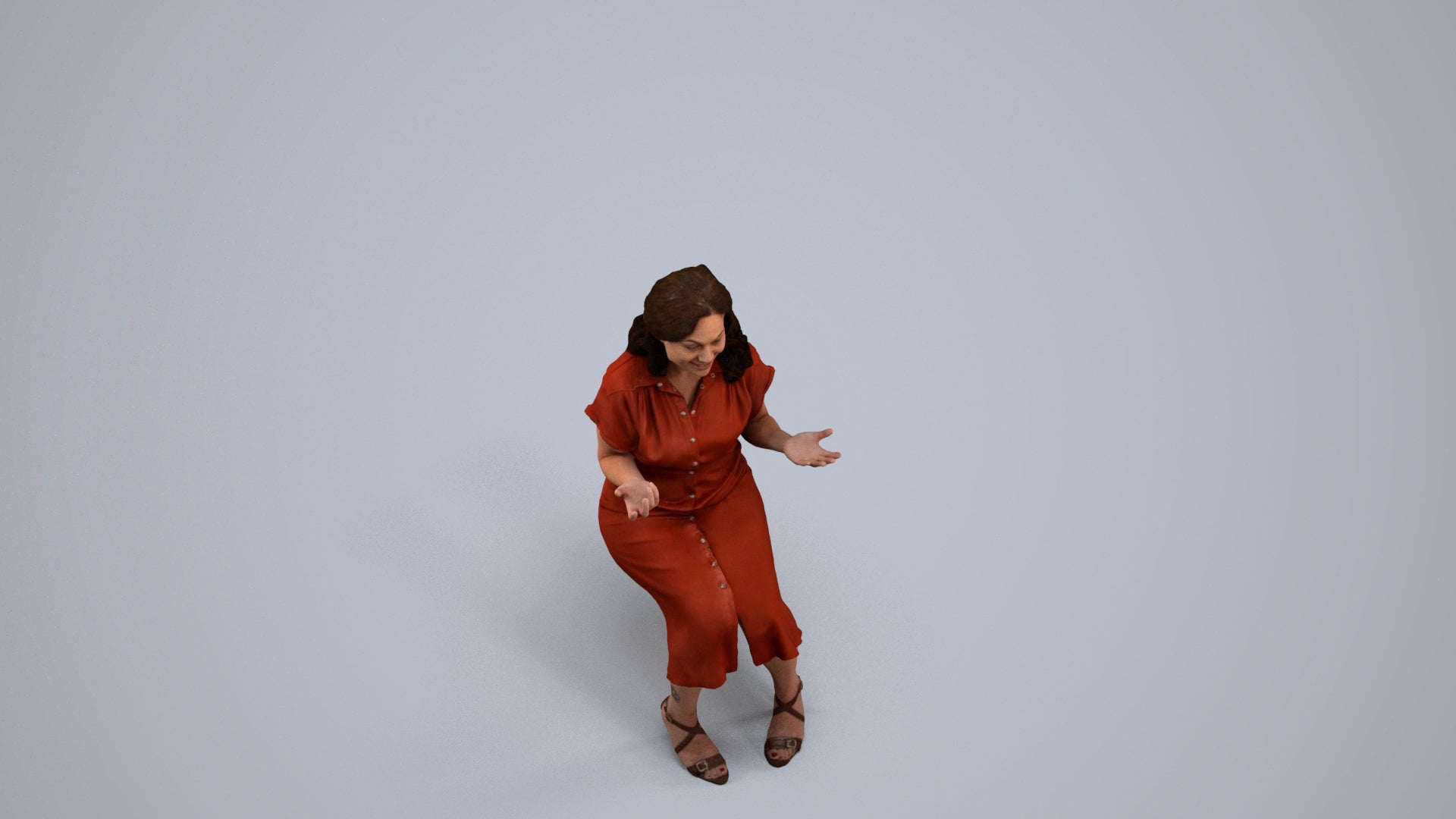 3D human model woman casual sitting, photogrammetry scanned person for archviz, back view render