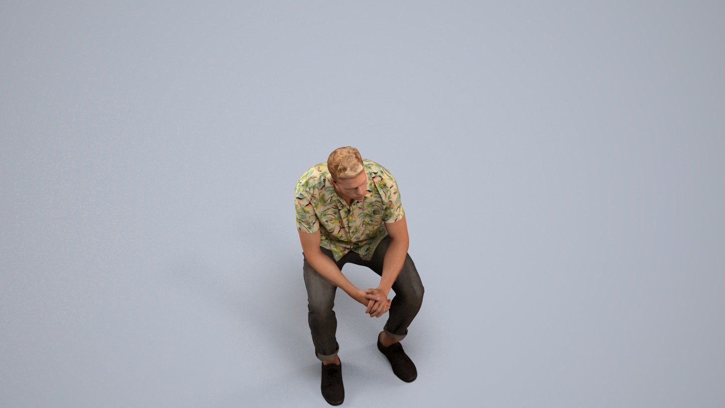 3D scanned man sitting casual, photorealistic archviz people for Enscape and SketchUp, back view render