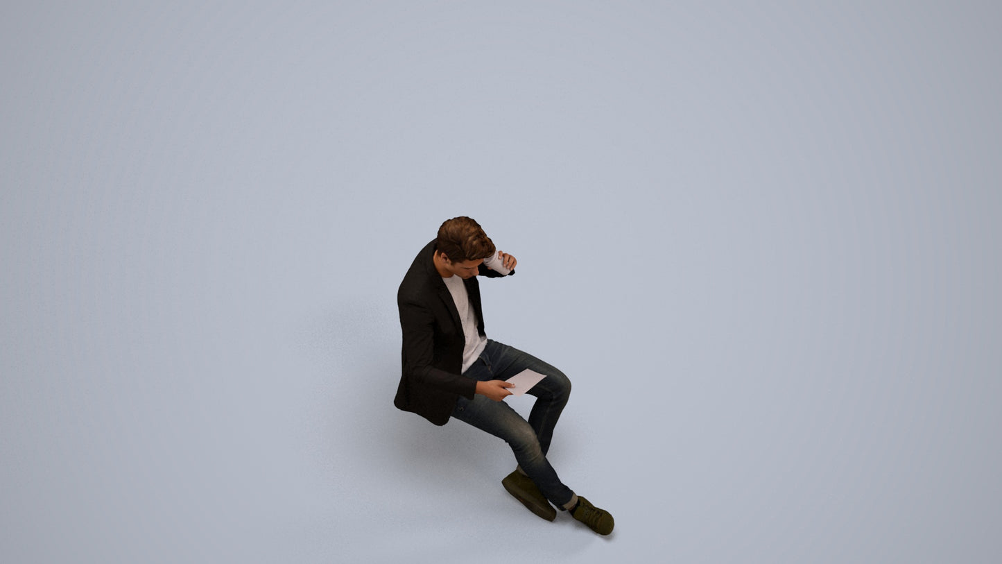 3D human model man casual sitting, photogrammetry scanned person for archviz, back view render