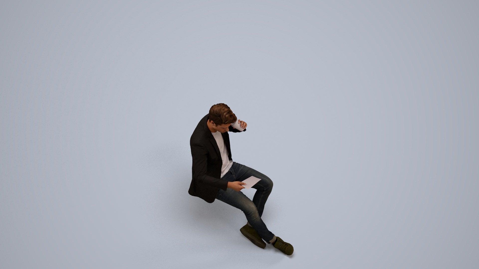 3D human model man casual sitting, photogrammetry scanned person for archviz, back view render