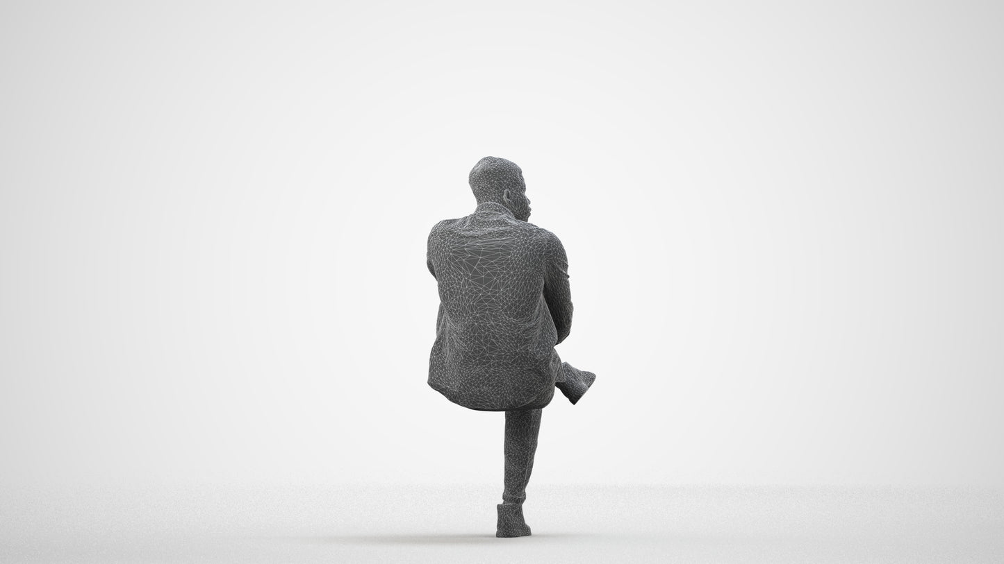 scanned 3D man casual sitting, photogrammetry people for Enscape and V-Ray, wireframe side view