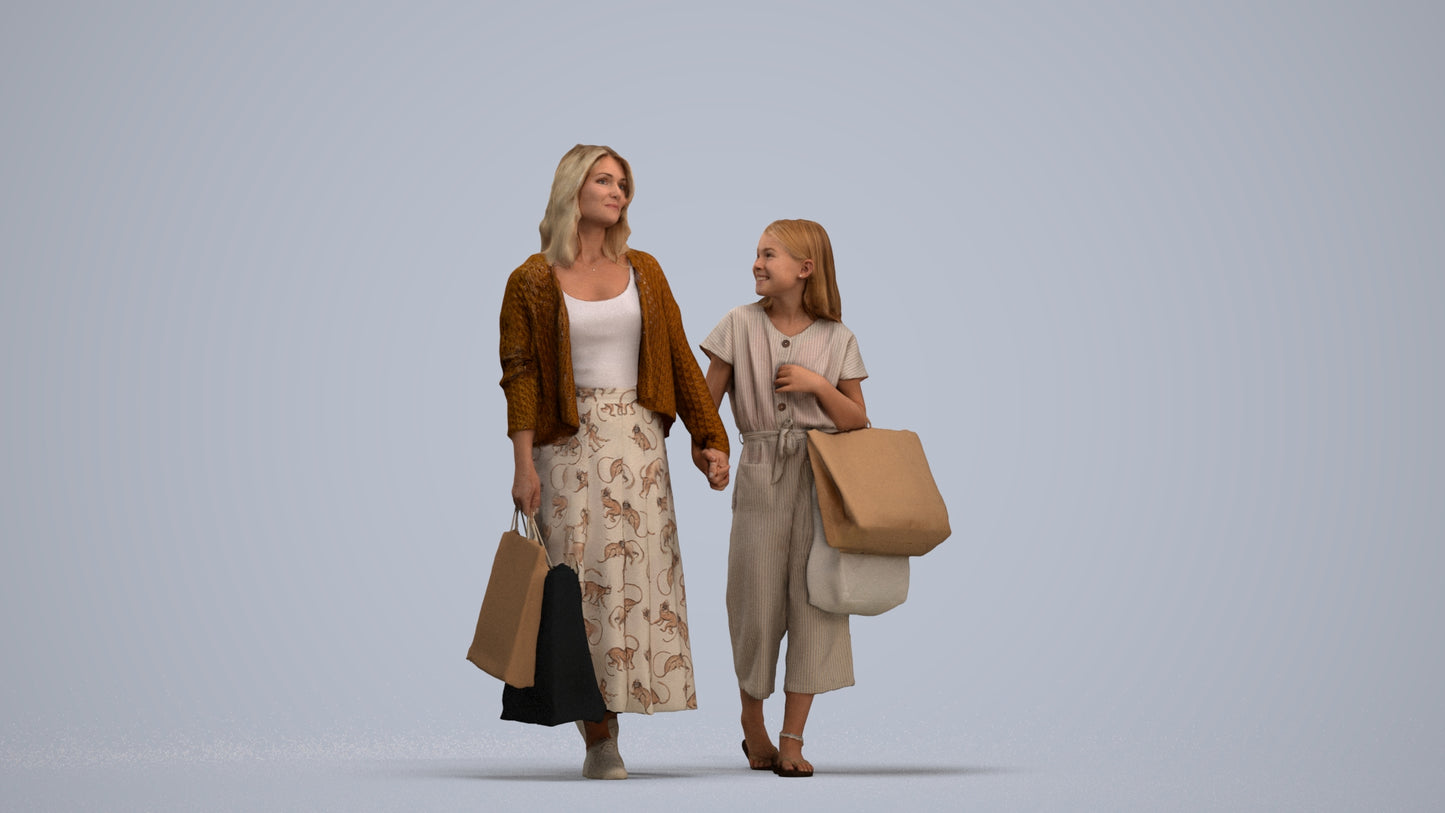 3D human model girl casual shopping, photogrammetry scanned person for archviz, standing pose render