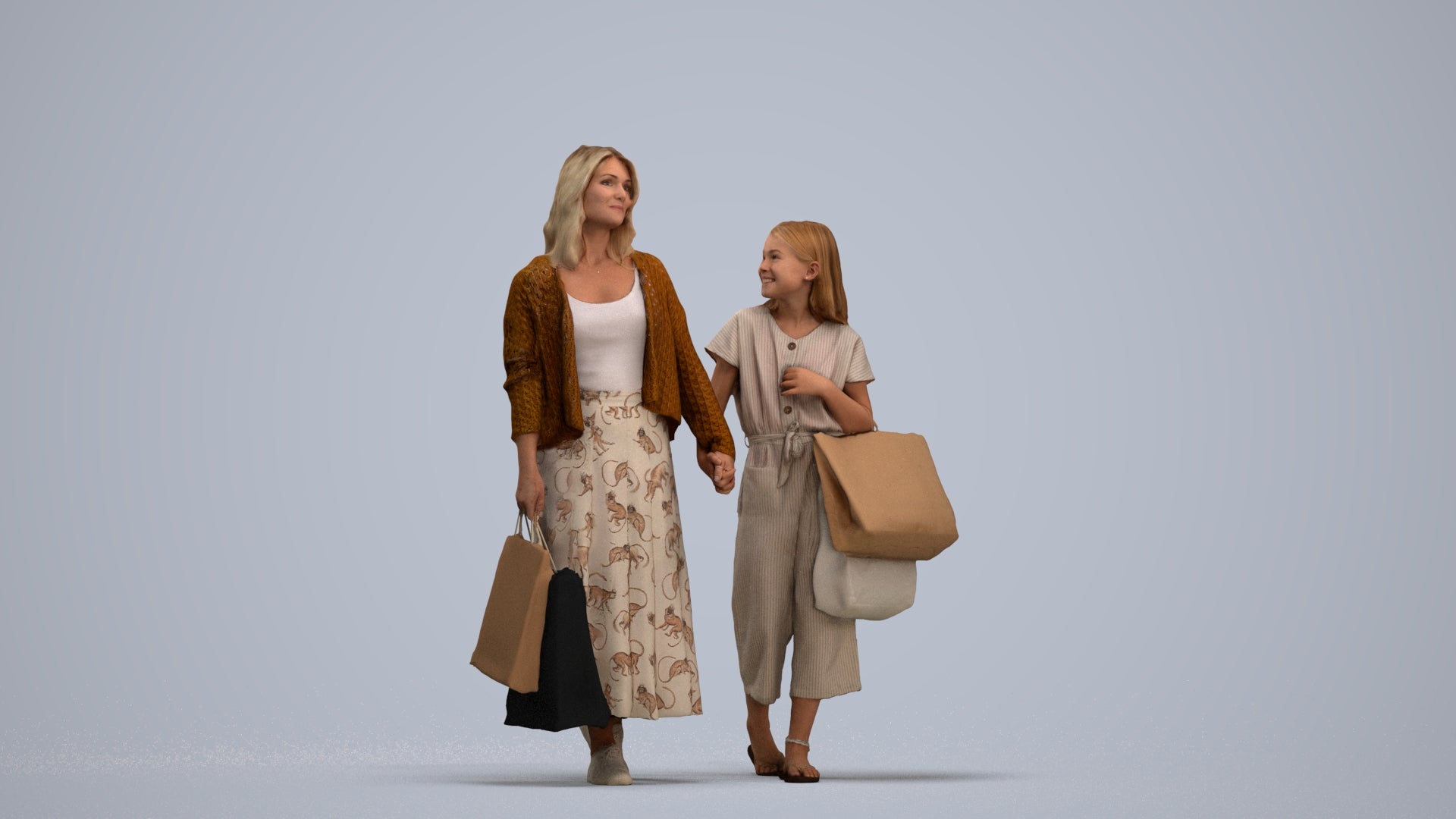 3D human model girl casual shopping, photogrammetry scanned person for archviz, standing pose render