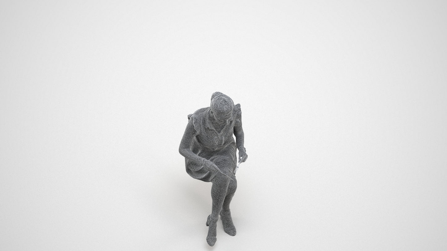 3D scanned woman sitting casual, photorealistic archviz people for Enscape and SketchUp, wireframe three-quarter view