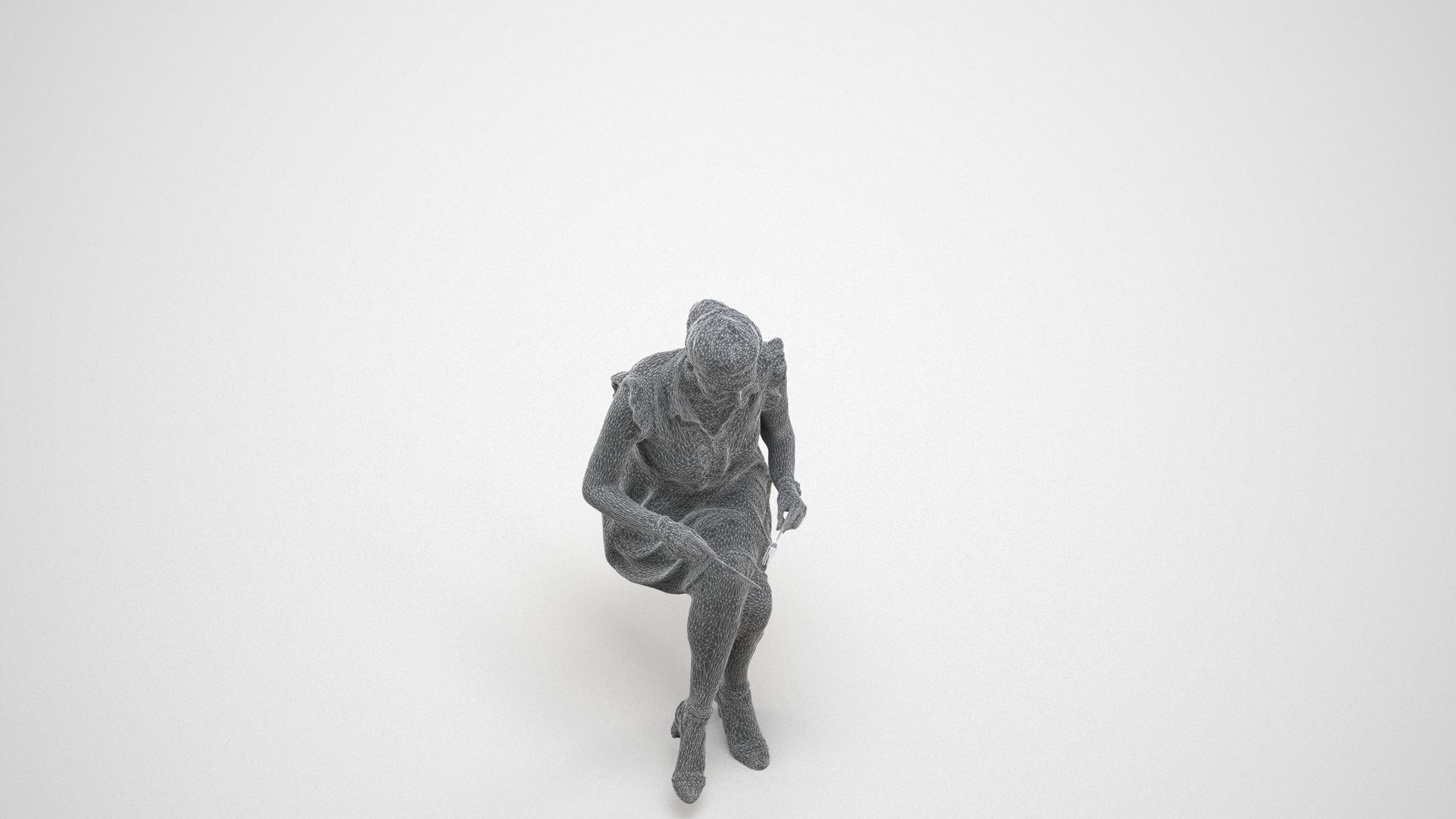 3D scanned woman sitting casual, photorealistic archviz people for Enscape and SketchUp, wireframe three-quarter view
