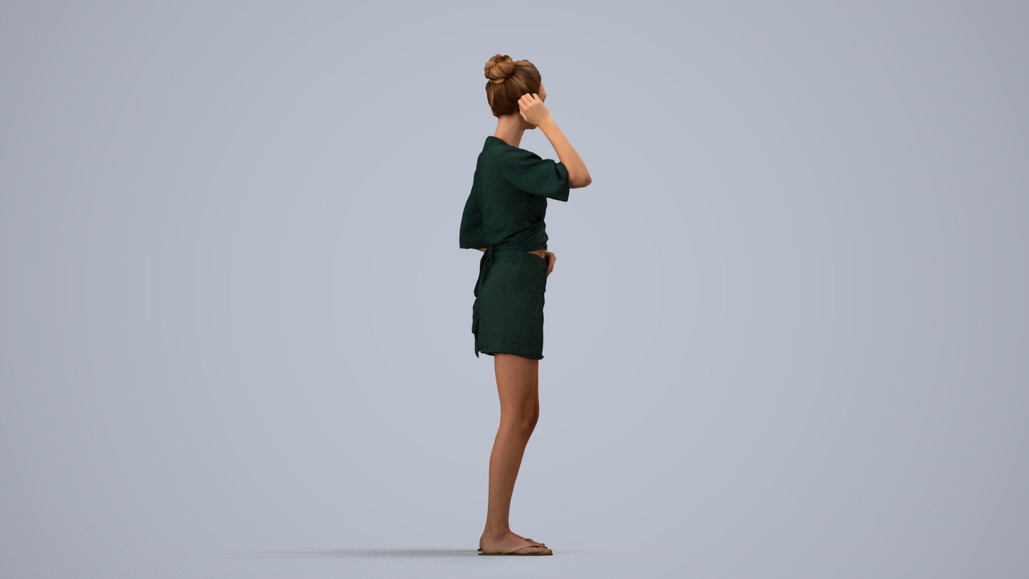 3D human model woman casual standing, photogrammetry scanned person for archviz, side view render