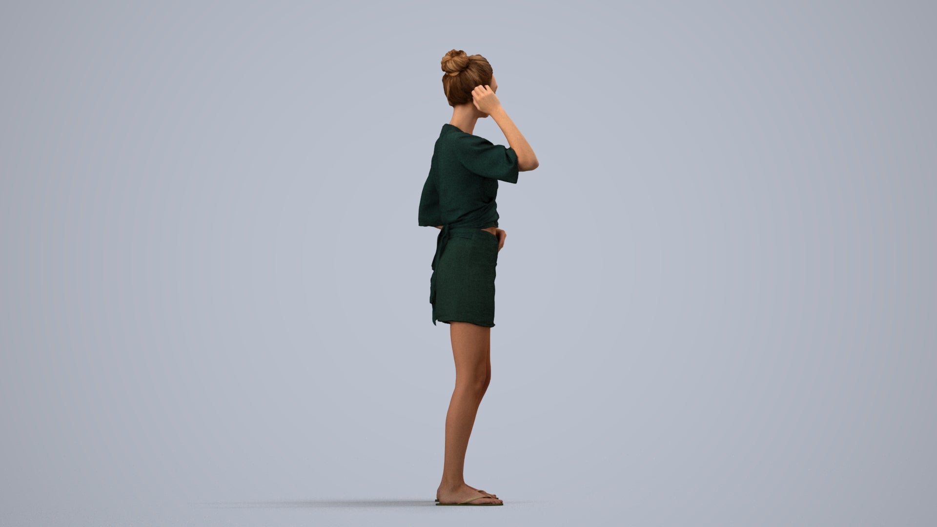 3D human model woman casual standing, photogrammetry scanned person for archviz, side view render