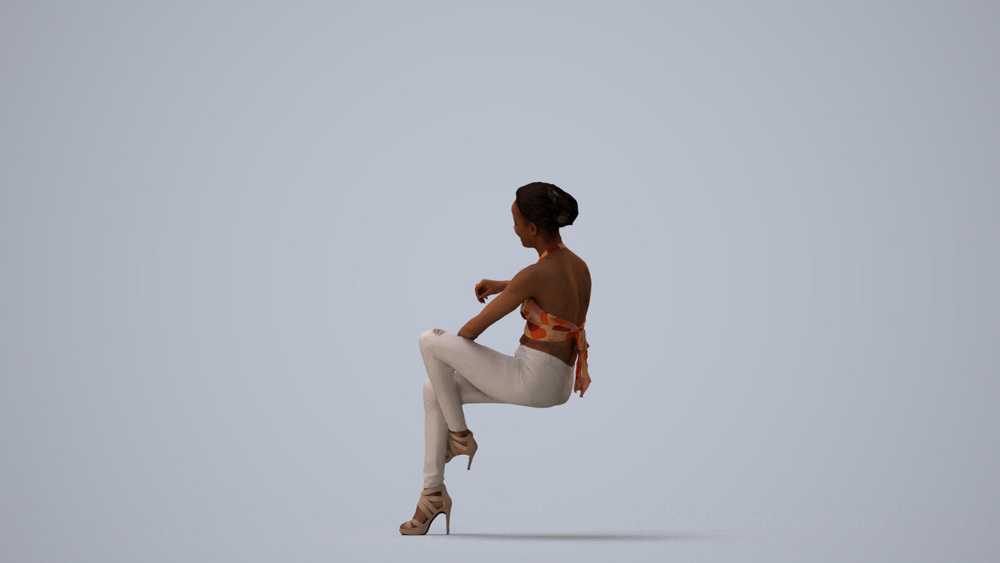3D people model woman casual sitting, scanned human for 3ds Max rendering, three-quarter view render