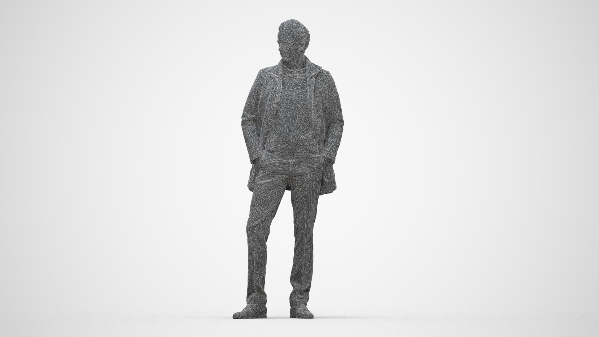 3D scanned man standing casual, photorealistic archviz people for Enscape and SketchUp, wireframe back view