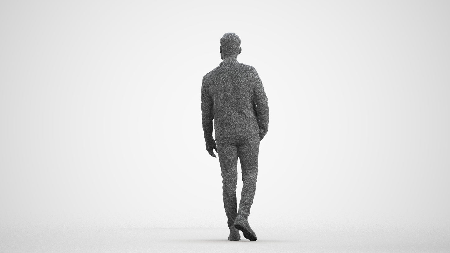 3D scanned man walking business, photorealistic archviz people for Enscape and SketchUp, wireframe front view