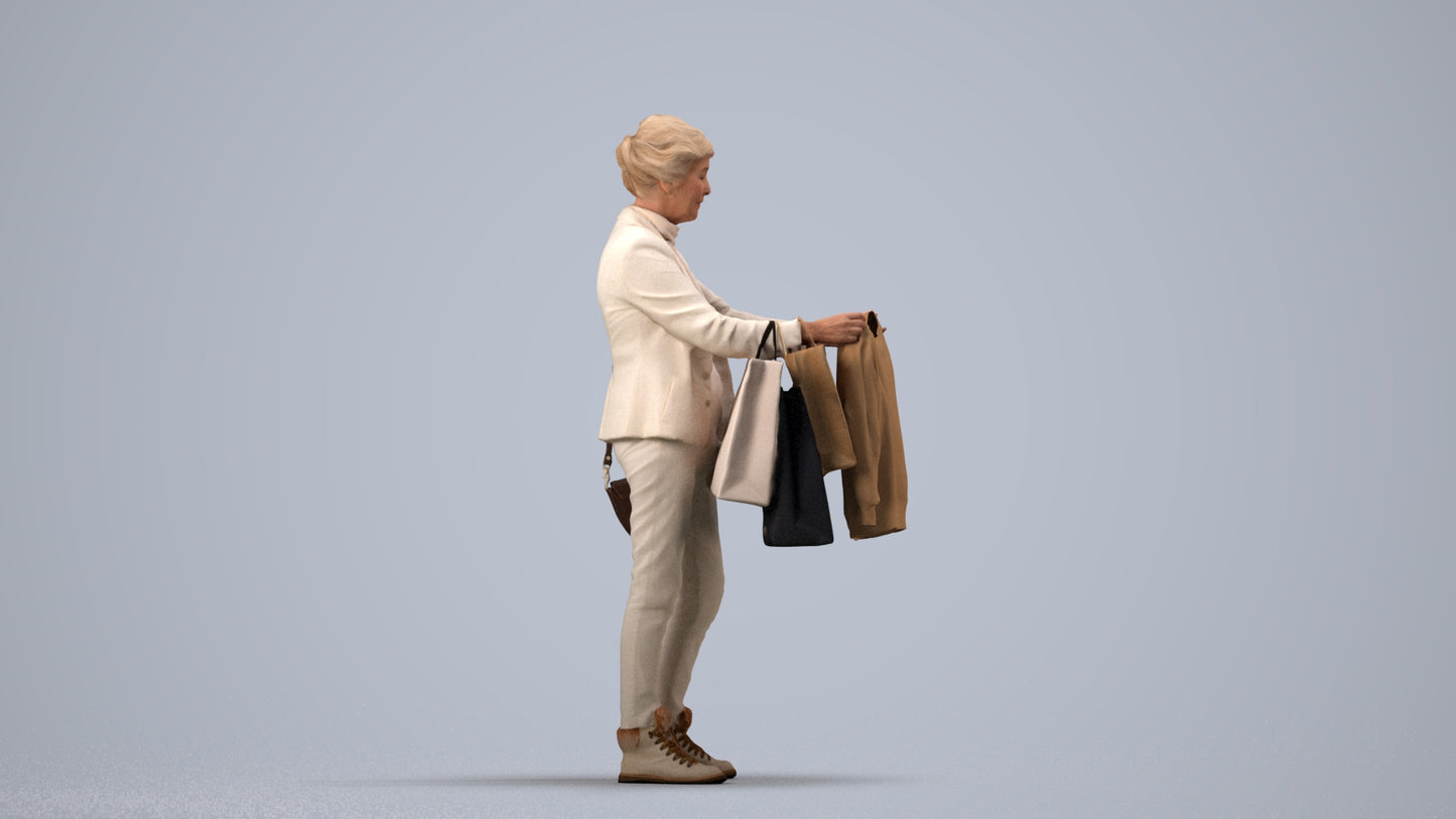 photogrammetry 3D senior woman business shopping, realistic human model archviz FBX, side view render