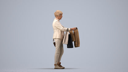 photogrammetry 3D senior woman business shopping, realistic human model archviz FBX, side view render