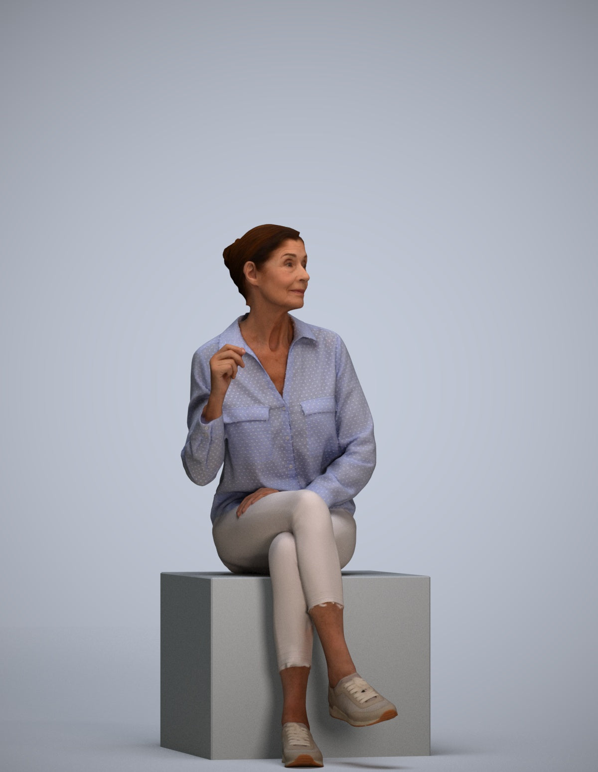 realistic 3D human senior woman casual sitting, archviz people FBX OBJ for Blender