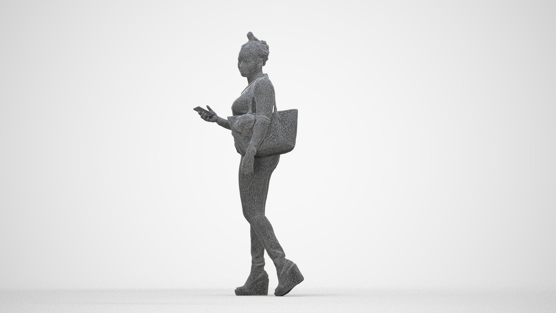 photogrammetry 3D woman casual walking, realistic human model archviz FBX, wireframe back view
